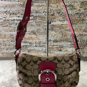 Coach Womens Pink Brown Logo Print Adjustable Strap Inner Pockets Shoulder Bag